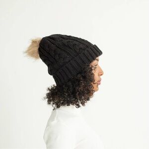 Grace Eleyae Black Foldover Satin Lined Warm Slap Winter Hat with Pom NWT